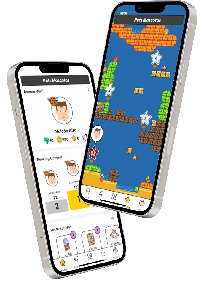 Dos moviles al aire con las pantallas de juego y perfil del usuario de la app StartGameGo.