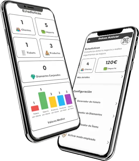 Dos moviles al aire en vertical con las pantallas de estadísticas y cuenta PRO de la app de StartGameGo.