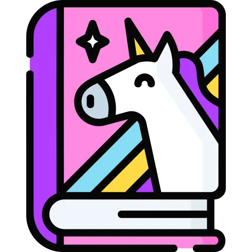 Libro de fantasía con un unicornio en la portada que representa una tienda de libros o librería.