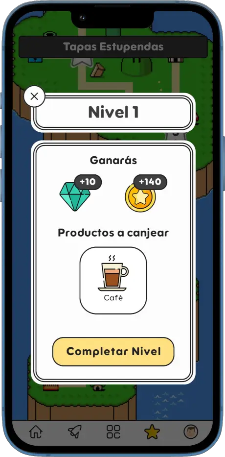 Movil con la app StartGameGo de la pantalla de nivel de juego.