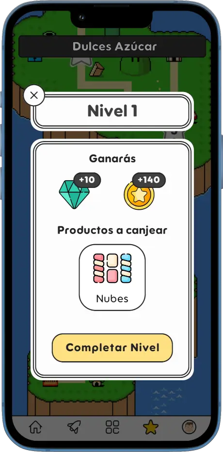 Movil con la app StartGameGo de la pantalla de nivel de juego.