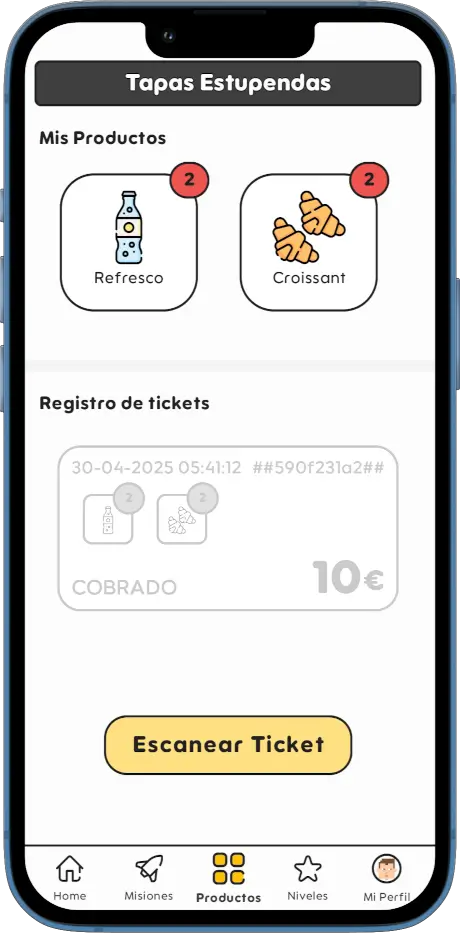 Movil con la app StartGameGo de la pantalla de productos y tickets.