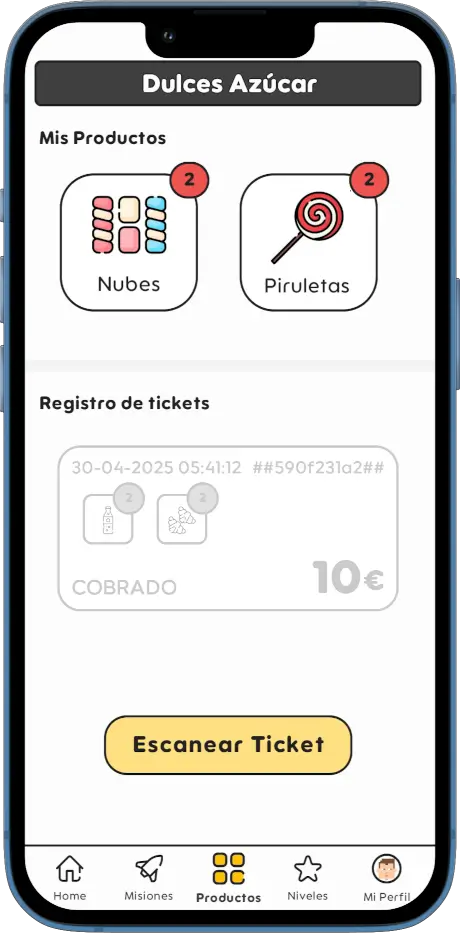 Movil con la app StartGameGo de la pantalla de productos y tickets.