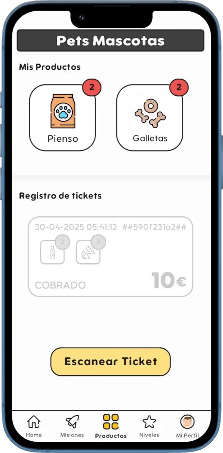 Movil con la app StartGameGo de la pantalla de productos y tickets.