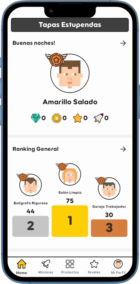 Movil con de la app StartGameGo de la pantalla home que muestra el ranking y la puntuación del usuario.