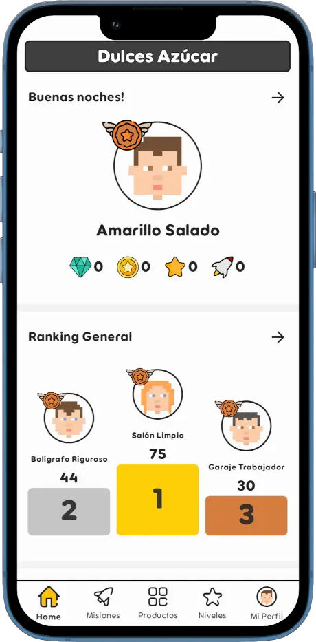 Movil con de la app StartGameGo de la pantalla home que muestra el ranking y la puntuación del usuario.